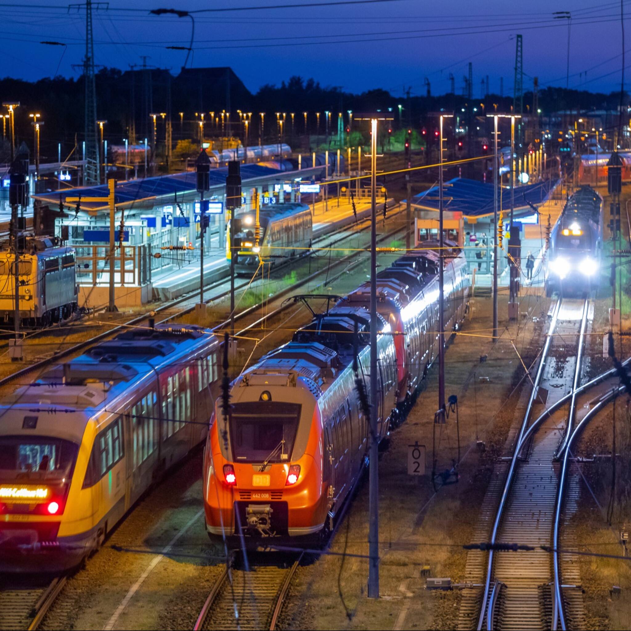 Nachtaufnahme vom Cottbuser Bahnhof, mit Blick auf mehrere Züge und Gleise.
